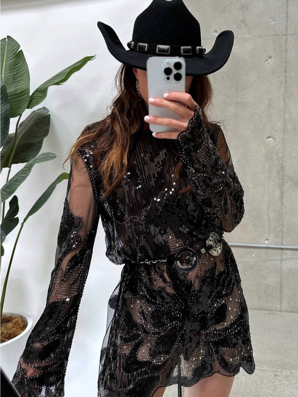 12th Tribe Amber Black Sequin Mesh Long Sleeve Mini Dress